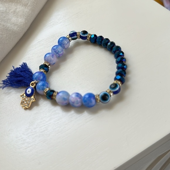 Evil eye bracelet NEW stretch beaded tassel blue marble‎ Hamsa - Picture 3 of 3